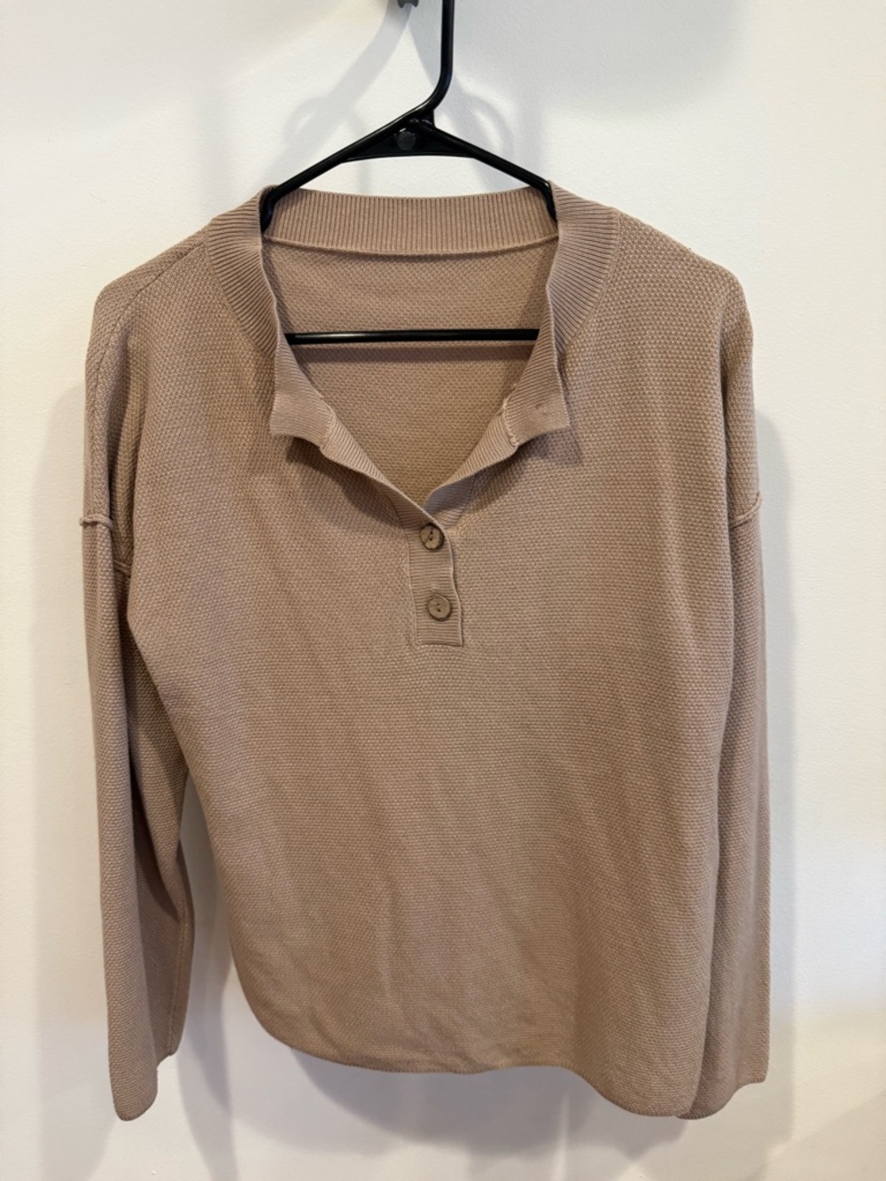 Waffle-Knit Long Sleeve Polo Top - Taupe